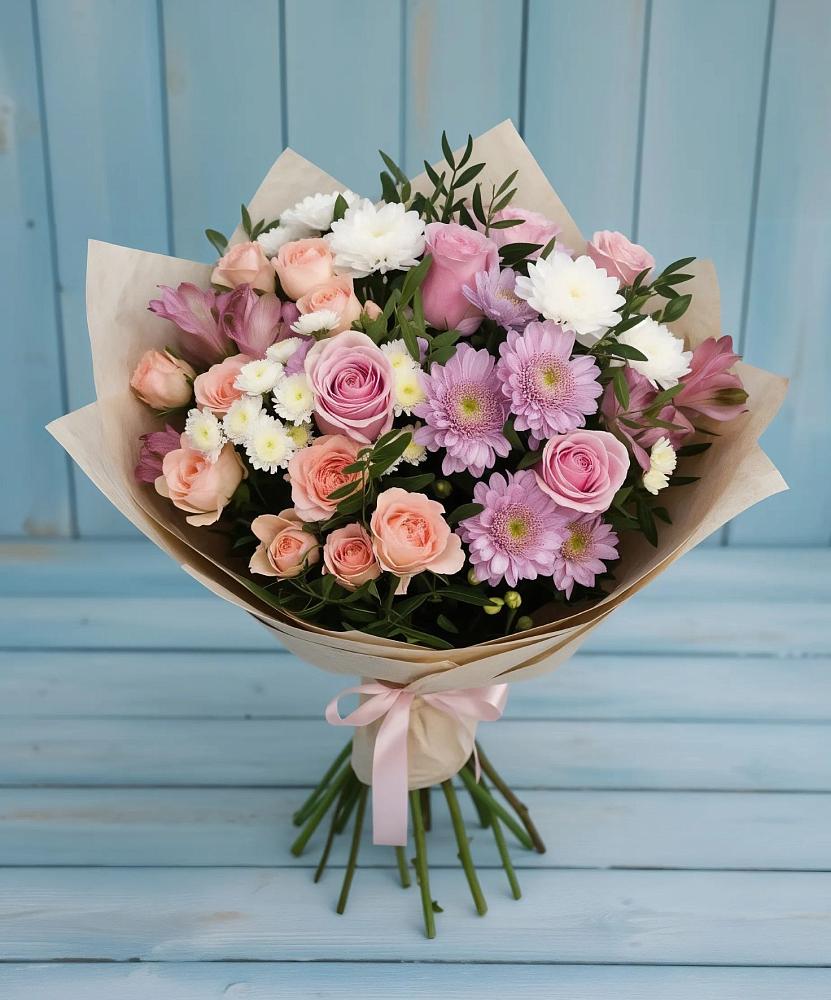 Букет цветов из: Хризантемы, Розы и Альстромерии в Новорайчихинске