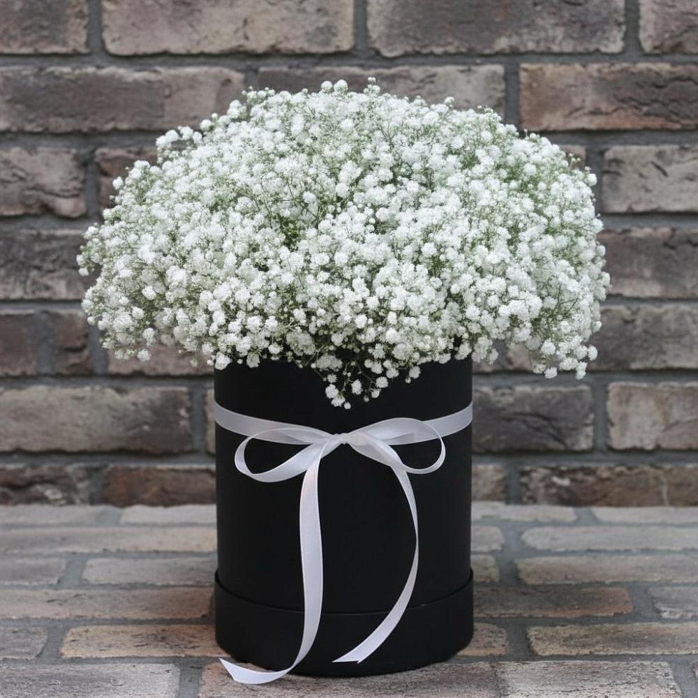 Цветочная композиция из Гипсофила в шляпной коробке в Новорайчихинске