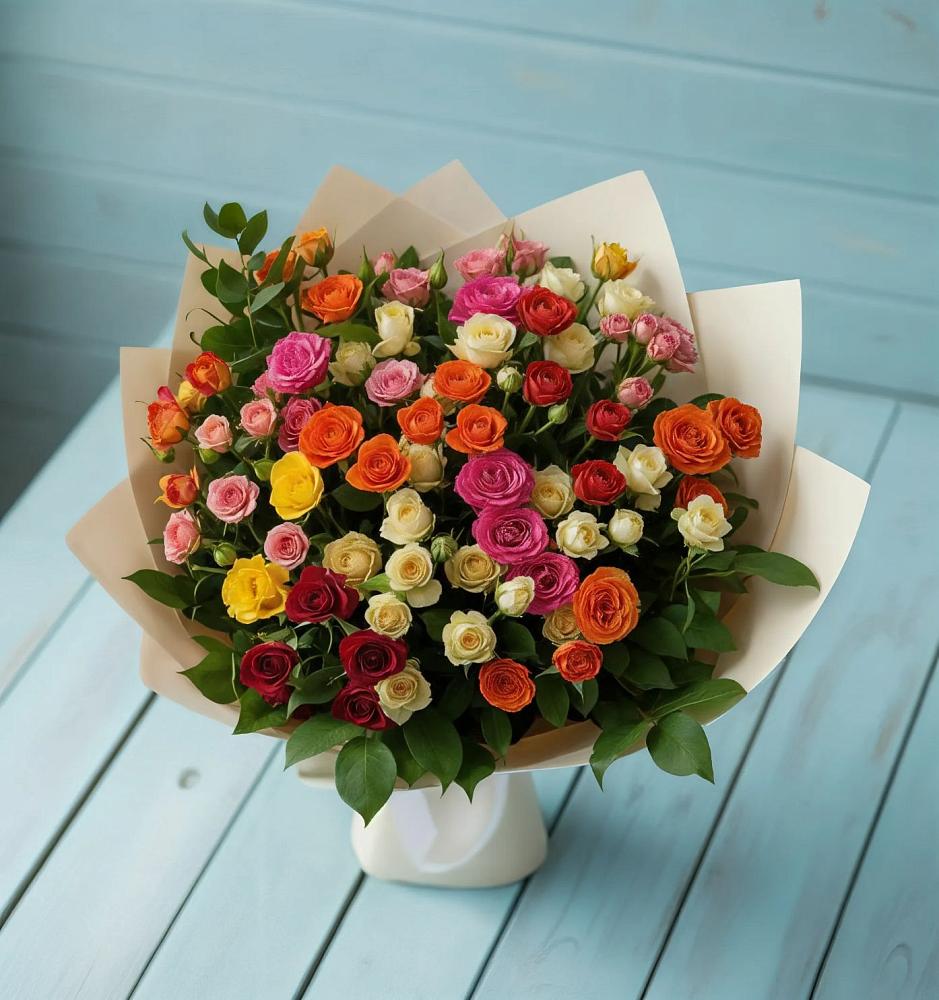 Букет Микс из разноцветных кустовых роз в Новорайчихинске