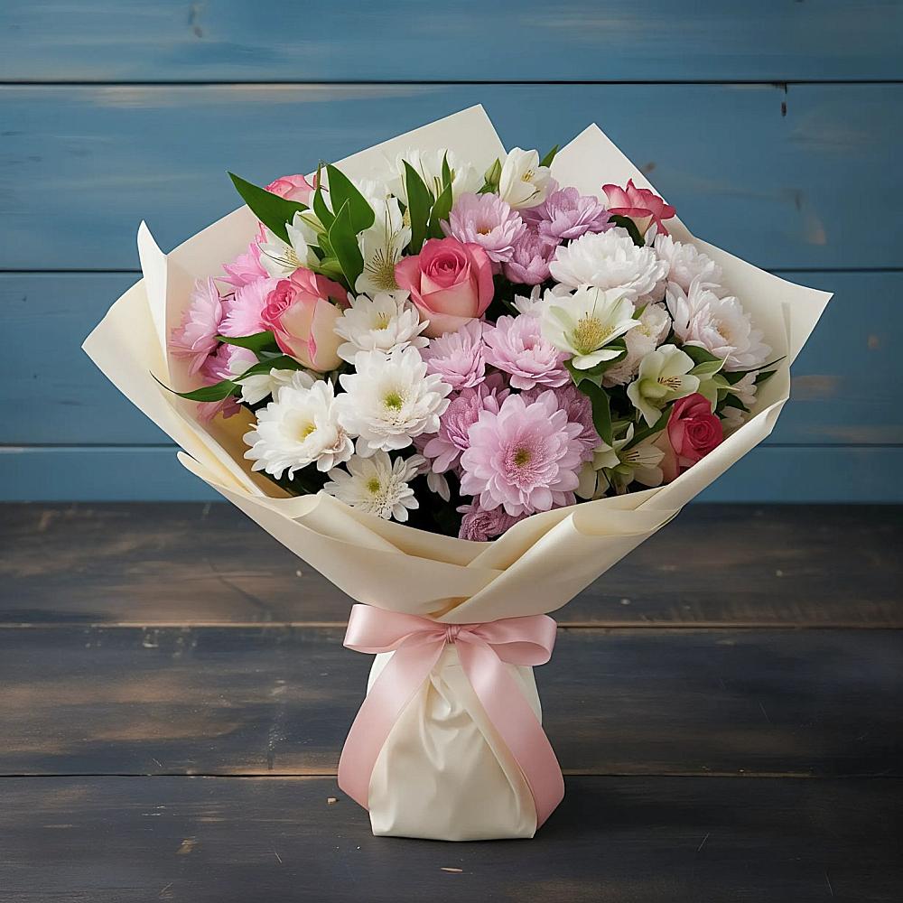 Букет цветов из: Хризантемы, Альстромерии и Розы в Новорайчихинске